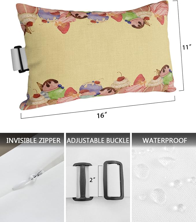 Outdoor Pillows Covers with Inserts Ice Cream Cake Vintage Cotton and Linen Waterproof Pillow with Adjustable Strap Throw Pillows for Patio Furniture Recliner Lounge Chair, 11x16 inch, 1PCS