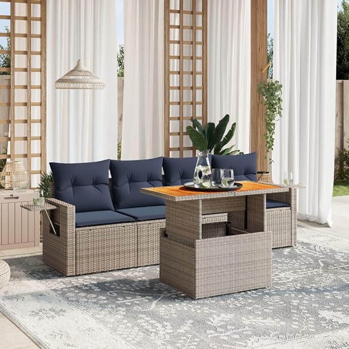 vidaXL Patio Sofa Set with Cushions 5 Piece, Outdoor Sectional Sofa Couch, Patio Conversation Set for Garden Backyard, Gray Poly Rattan