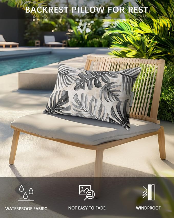 Pack of 4 Outdoor Lumbar Pillow Covers 11x16 Inch, Balck Monstera Deliciosa Waterproof Throw Pillow Covers Set, Summer Botanical Tropical Vintage Decorative Cushion Cases for Patio Porch Car
