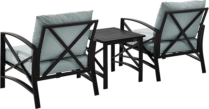 Crosley Furniture Kaplan 3-Piece Outdoor Chair and Side Table Set, Patio Conversation Sets for Porch, Deck, Oiled Bronze with Mist Cushions