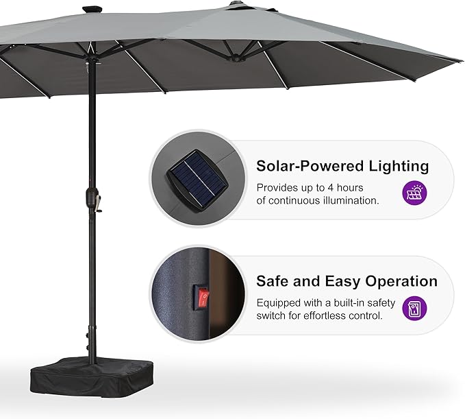 PURPLE LEAF 14ft Patio Market Umbrella with Solar LED and Base Double-Sided Rectangle Outdoor Table Sun Umbrellas with Crank for Pool Beach Deck Backyard Light Gray