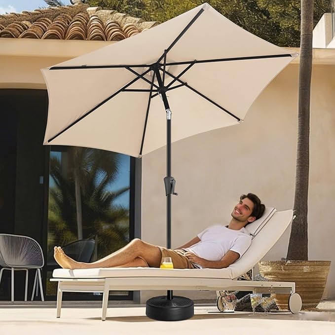 FLAME&SHADE 7.5 FT Solar Light Patio Umbrella, 24 LED Lights Outdoor Umbrella with Centre Surround Light, Table Umbrella Outdoor Patio for Deck, Pool, Backyard, Garden, UV Protection (Beige)