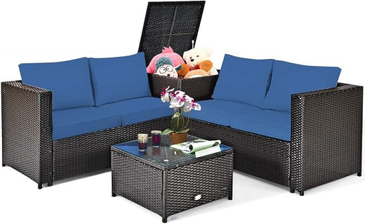 Tangkula 4 Piece Wicker Patio Set with Storage, All Weather-Proof Outdoor Conversation Set, with Loveseat, Coffee Table & Storage Box, Suitable for Garden, Poolside, Sunroom (1, Navy Blue)