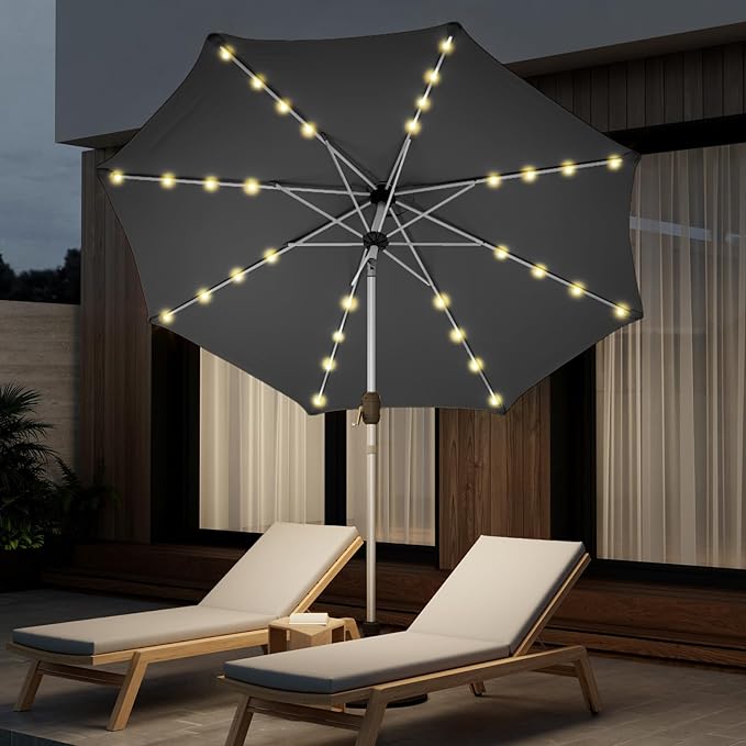 9FT Aluminum Patio Umbrella with 40-LED Solar Lighted, Fade-Resistant Outdoor Market Table Umbrella with Push Button Tilt Function, 8 Sturdy All-Aluminum Ribs for Gardens, Decks, Backyards & Pools