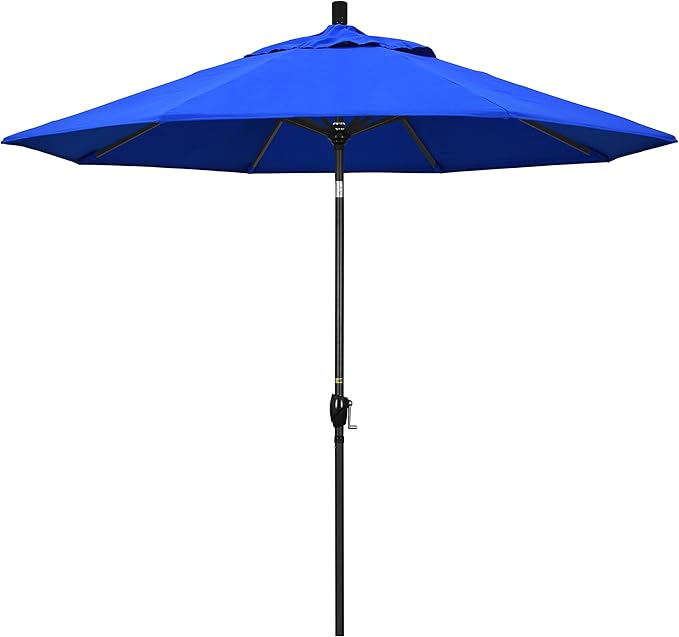 California Umbrella 9' Round Aluminum Market Umbrella, Crank Lift, Push Button Tilt, Black Pole, Sunbrella Pacific Blue