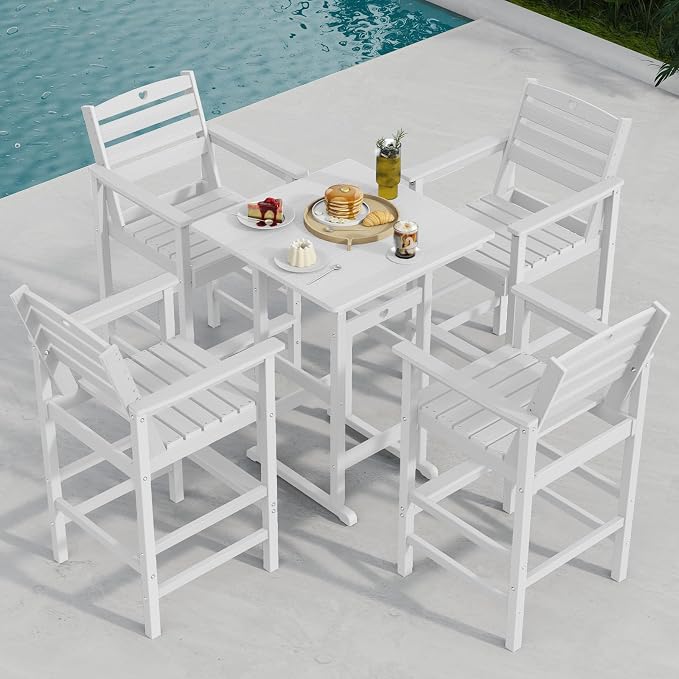 Patio Bar Table,Adirondack Chairs and Table 2 Pieces Set, Bar Height Chairs Set of 2, Outdoor Bar Stools Set,Weather-Resistant Outdoor Furniture for Deck, Balcony, Poolside Easy Assembly