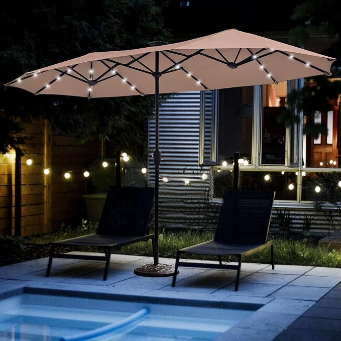 FREE SOLDIER 13ft Patio Umbrella with 36 LED Solar Lights Double Sided Outdoor Umbrella for Patio Table Umbrella with Solar lights for Garden Yard Pool (Beige)