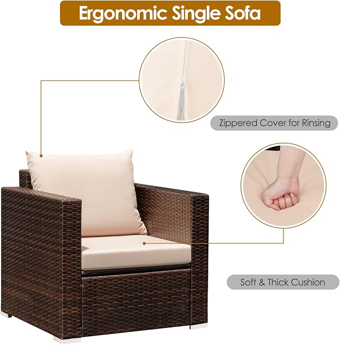 COSTWAY 3-Piece Patio Furniture Set, Outdoor Wicker Rattan Sofa with Cushions and Coffee Table with Tempered Glass, Modern Conversation Chair Set for Poolside Backyard Balcony Lawn (Beige)