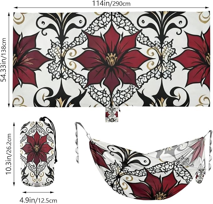 Red Floral and Lace Outdoor Hammocks with Tree Straps Cloth Hammock for Camping Travel Accessories
