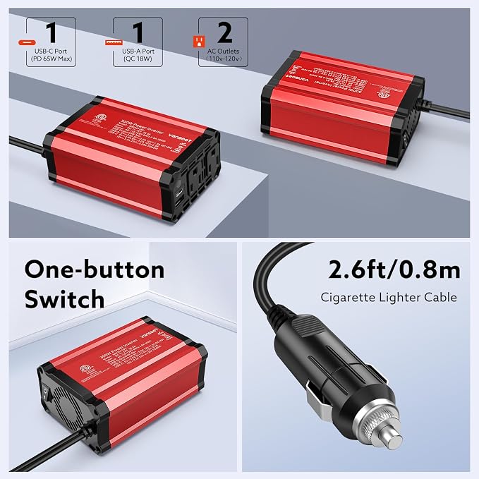【2026 Upgraded】 300W Car Power Inverter - vansoet DC 12V to 110V AC(2 Outlets) Power Inverters with PD65W & QC18W Fast Charging Port - Car Charger Cigarette Lighter Adapter for Laptop/Phone/Road Trip