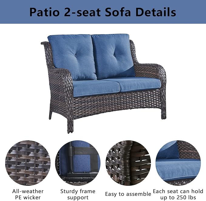 Belord 6 Pieces Patio Furniture Set Outdoor Wicker Furniture, 2 Patio Wicker Chairs with 1 Loveseat Sofa, Coffee Table and Ottomans, Patio Conversation Set for Porch Garden Deck Balcony Poolside