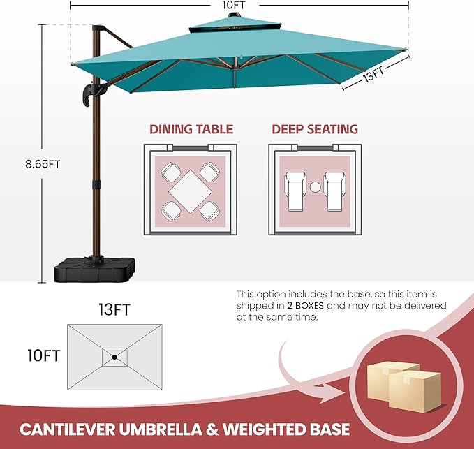 GENTEACO 10x13FT Rectangle Cantilever Patio Umbrella w/Base Included, Deluxe Wood Pattern Pole & 7 Angle Tilts, 360° Rotation, Offset Hanging Market Umbrellas for Garden Pool Patio, Turquoise Blue