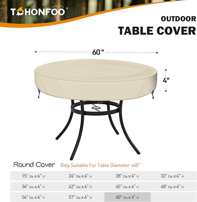 TOHONFOO Outdoor Round Table Cover - Waterproof Anti-UV Round Patio Table Cover - Fits Outdoor Table Up to 58-60 Inch, Beige