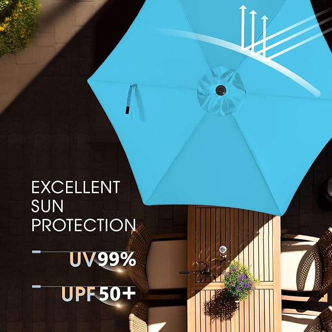 wikiwiki 7.5FT Patio Umbrella with Base, Outdoor Umbrellas with Base Included, 6 Sturdy Ribs, Waterproof Fade Resistant POLYESTER DTY Canopy for Deck, Lawn, Garden, Backyard & Pool, Sky Blue