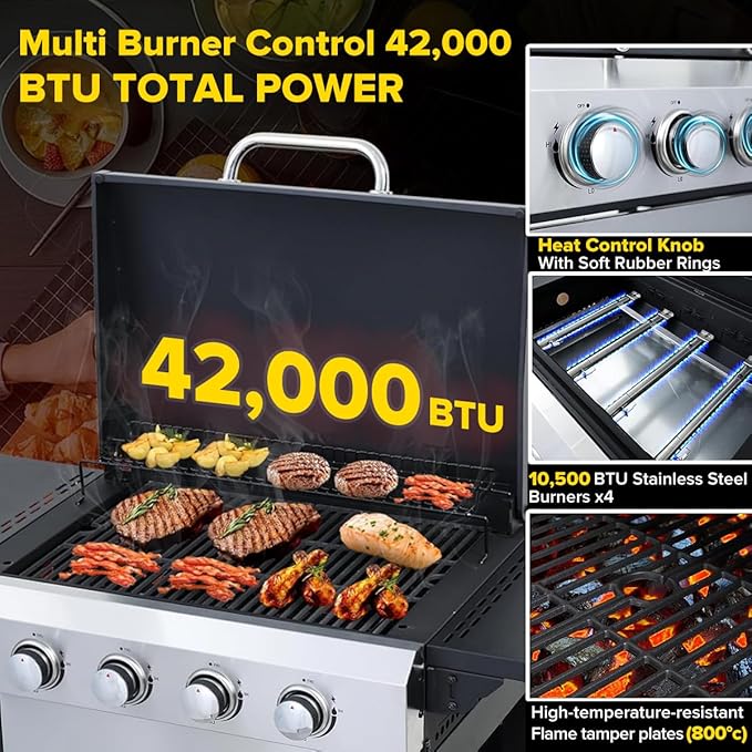 CIG GARDEN 4-Burner Propane Flat Top Grill, 42,000 BTU Stainless Steel Commercial-Style Griddle for Patio, Backyard, Camping & Outdoor BBQ