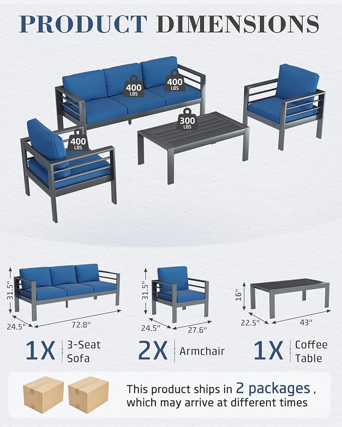AECOJOY Aluminum Patio Furniture Set, 5 Seats Modern Outdoor Furniture with Coffee Table, 4 Pieces Metal Conversation Sectional Sofa, Blue