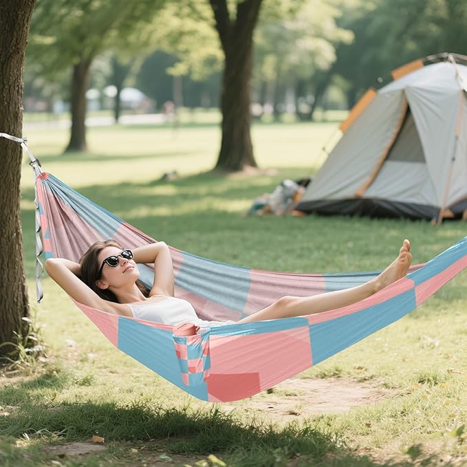 Light Blue and Blush Checkered Pattern 330lb Capacity Outdoor Hammock with Tree Straps Indoor Hammock for Outside Camping Essentials sillas para acampar