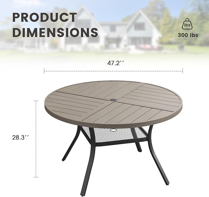 47.2" Outdoor Dining Table with Adjustable Umbrella Hole, Metal Slatted Round Patio Dining Table for Backyard Garden Deck, Antique Grey