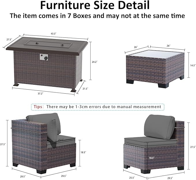 Outdoor Patio Furniture Set with Gas Fire Pit Table, 13 Pieces Outdoor Furniture Set Patio Sectional Sofa w/43in 55000 BTU Propane Fire Pit, PE Wicker Rattan Patio Conversation Sets - Grey.