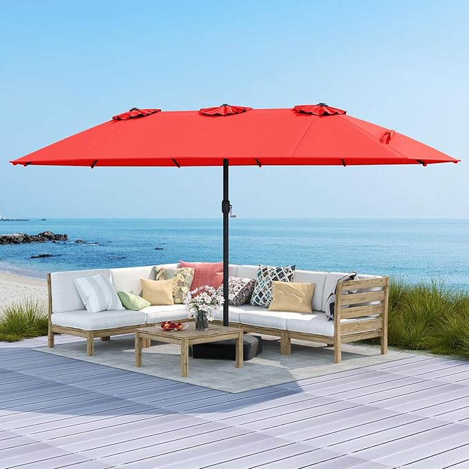 Tangkula 15FT Double-Sided Patio Umbrella with Base, Extra-Large Market Umbrella W/Crank System, Outdoor Twin Umbrella W/ 12-Rib Metal Structure & Air Vents for Garden, Backyard, Poolside