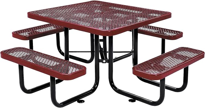 Global Industrial 46" Square Picnic Table, Expanded Metal, Red Thermoplastic Coating, Attached Benches, 1-1/2” Umbrella Pole Hole, Outdoor-Rated, 1000 lb Capacity