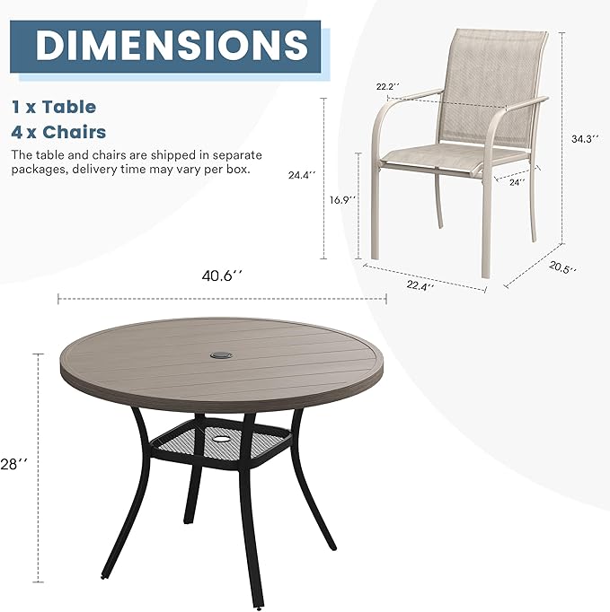 DIFY 5 Pieces Outdoor Patio Dining Set for 4, 40.6" Grey Wood-Like Round Dining Table and 4 Sandshell Stackable Sling Dining Chairs, Metal Outdoor Table and Chairs for Lawn Garden Backyard Deck