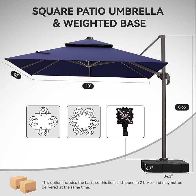 GENTEACO 10X10 FT Cantilever Umbrella with Base Included, Large Offset Patio Umbrella with Double Top, 6 Angle Tilts & 360° Rotation, Large Square Sun Umbrellas for Outdoor Pool Market, Navy Blue