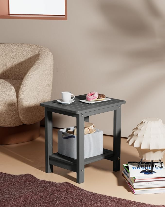 YEFU Outdoor Side Table for Patio: 16" HIPS Weather - Resistant Adirondack Tables Set of 2 - Small Square End Table for Backyard Living Room Bedroom - Indoor Outdoor Double Layer Table Dark Grey