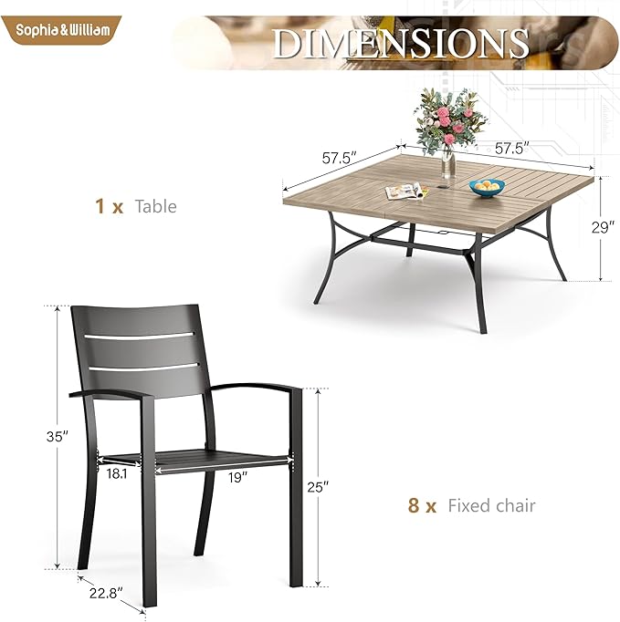 Sophia & William Patio Table and Chairs Set, Outdoor Dining Set for 8, 9 Piece Metal Patio Furniture, 57.5" Square Table with Wood-Like Tabletop