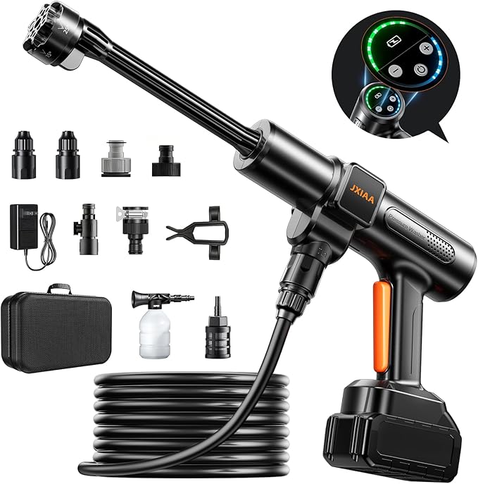 Cordless Portable Car Washer, Handheld Washer with Brushless Motor, 6-in-1 Nozzle and 32 ft Detachable Hose, Battery Powered Washer for Car, Home, Outdoor Patio and Garden Use.