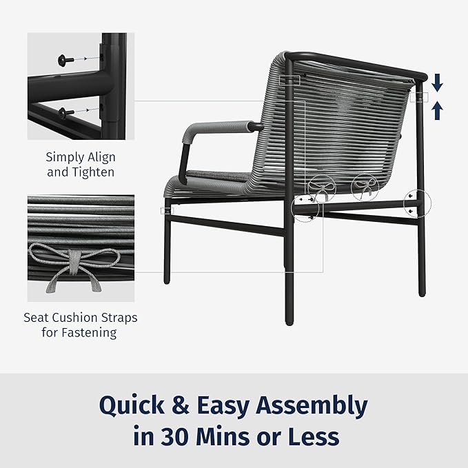East Oak 3-Piece Patio Furniture Set, Outdoor Bistro Set with PE Rattan Wicker Wide Chairs, Soft Pads & Coffee Table, Modern All-Weather Wicker Patio Set for Garden and Porch, Misty Grey