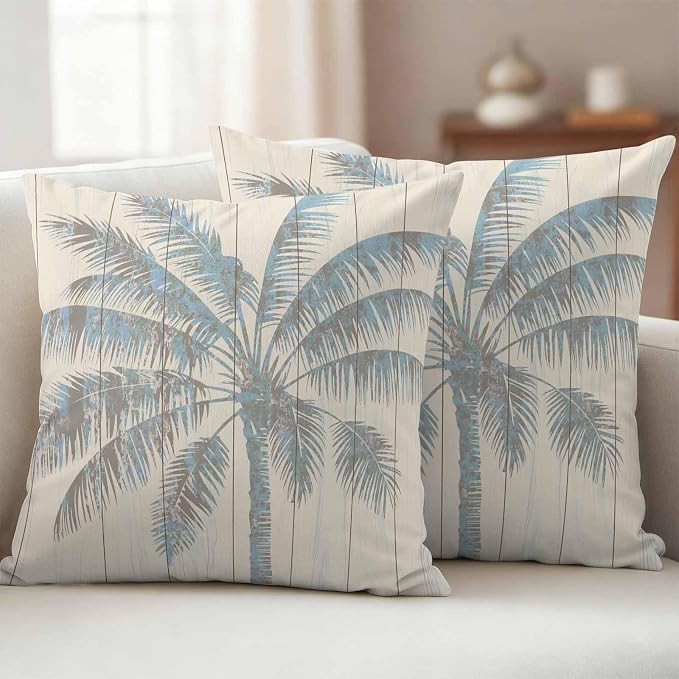Pack of 2 Blue Beige Palm Tree Outdoor Pillow Covers Decorative, Summer Tropical Botanical Waterproof Pillow Protector, Vintage Throw Pillowcases Accent Cushion Cases for Patio Couch Sofa 18"x18"