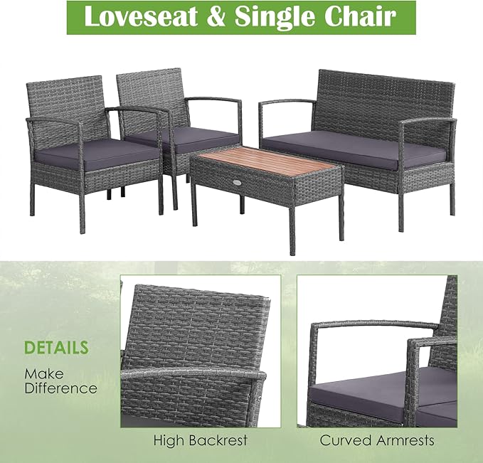 Tangkula 4 Pieces Rattan Patio Conversation Set, Patiojoy Outdoor Wicker Sofa with Seat Cushions, Heavy-Duty Steel Frame, Acacia Wood Tabletop, Outdoor Furniture for Poolside, Deck, Garden