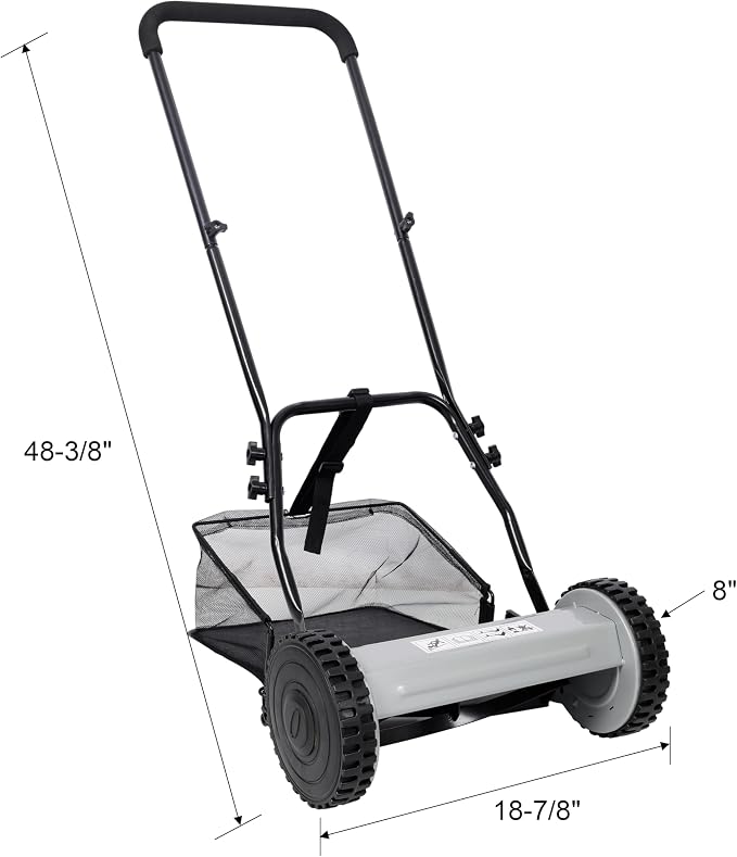 14 Inch 5-Blade Push Reel Lawn Mower with Grass Catcher Manual Eco-Friendly Gray Reel Mower Adjustable Height 0.6-1.8 Inches Lightweight 13.6 lbs Hand Push Mower for Residential Lawn Care
