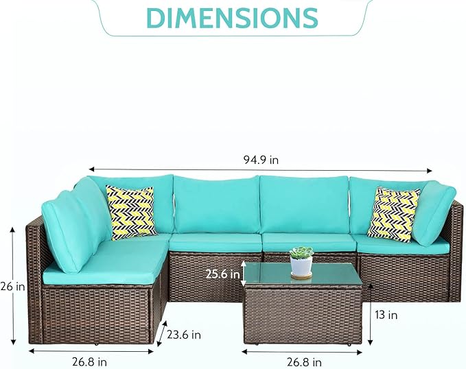 PayLessHere Patio Furniture Set 7 Pieces Outdoor Furniture Wicker Conversation Set Sectional Sofa and Coffee Table Wicker Patio Conversation Sets for Backyard Porch Balcony Poolside,Blue Cushion