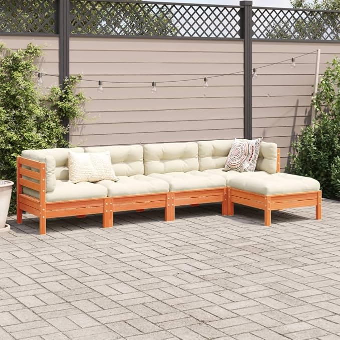 5 Piece Patio Sofa Set with Cushions, Sectional Sofa Patio Conversation Set Porch Furniture Set Front Porch Furniture for Piazza Poolside Garden Negotiation Area Wax Brown Solid Wood Pine