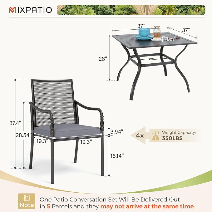 MIXPATIO 5 Piece Patio Metal Dining Set, Outdoor Table and Chairs for 4, Powder-Coating Steel Chairs with 4" Thickened Cushions, 37" Square Metal Table with 1.57" Umbrella Hole for Deck, Backyard