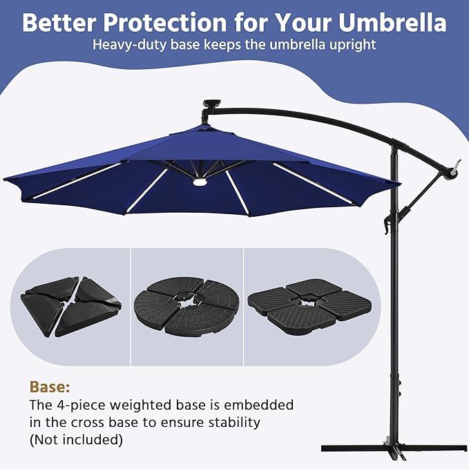 Yaheetech 10 FT Solar Powered LED Patio Umbrella Outdoor Cantilever Umbrella, UV Protection & Windproof, Offset Hanging Sunshade w/Strip Lights & Hub Light for Backyard Garden Pool