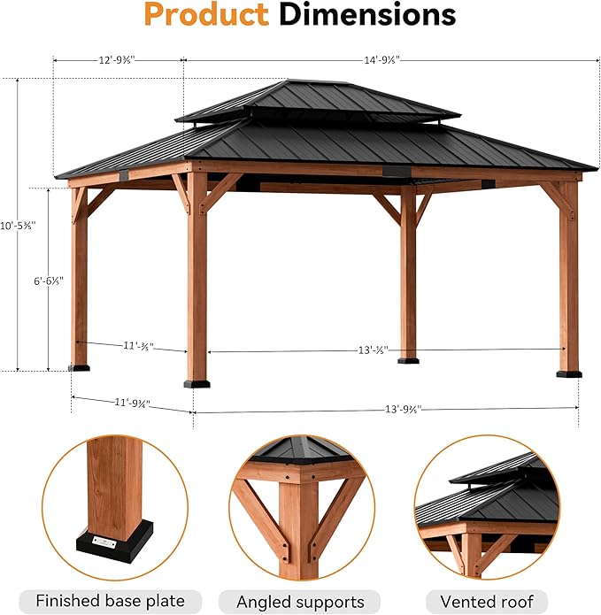 Modern Shade Rosewood Wood Gazebo 13' x 15', Permanent Hardtop Gazebo with Double Galvanized Steel Roof, Mosquito Netting and Yard-Dyed Curtains, Cedar Outdoor Gazebo with Sturdy Hooks for Backyard