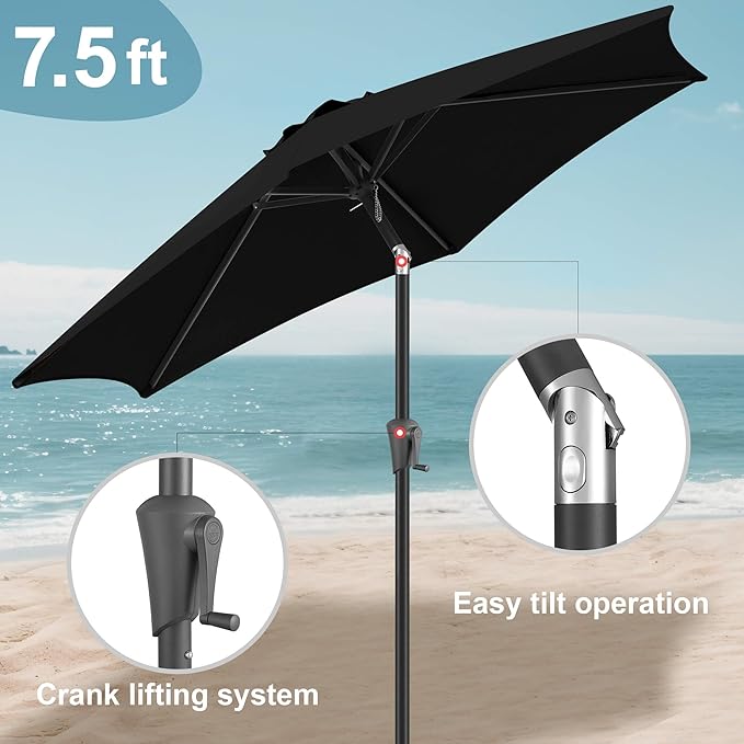 FLAME&SHADE 7.5ft Patio Umbrella - Outdoor Umbrella with Push Button Tilt and Crank for UV Protection, Table Market Umbrella for Garden, Deck, Backyard, Pool and Beach(Black)