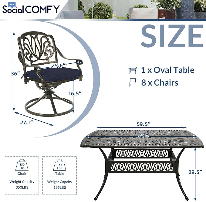 9-Piece Patio Cast Aluminum Dining Set, Outdoor Dining Furniture Set for 8 Person, Includes 64" Square Table and 8 Swivel Rocker Chairs with Umbrella Hole for Patio Deck Garden, Navy Blue