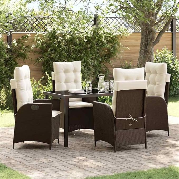 Afuera Living 5 Piece Poly Rattan Patio Dining Set, Black Finish with Cushions, Glass Tabletop, Steel Frame, Weather-Resistant Outdoor Furniture for Backyard, Porch, or Garden Dining, Seating for 4