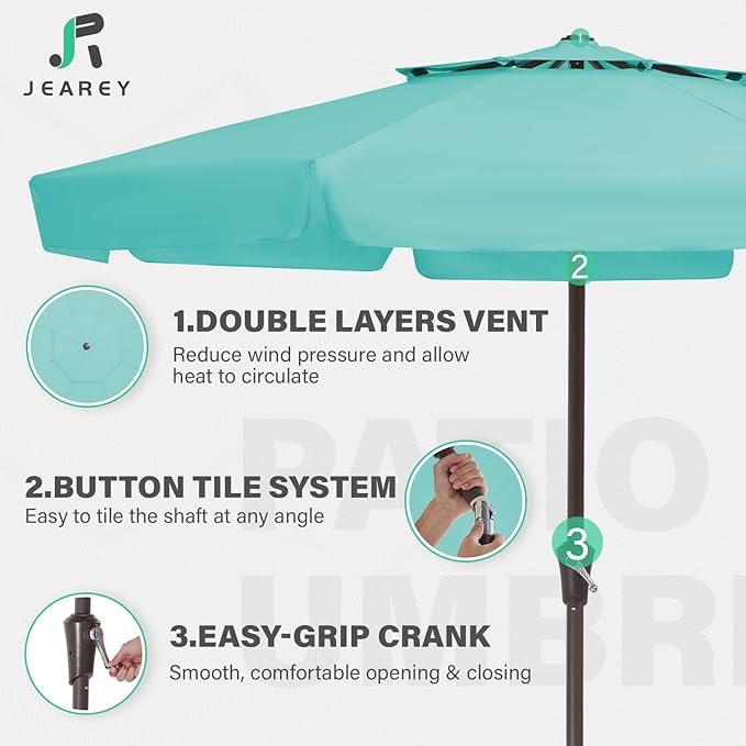 JEAREY 9' 2-Tiers Patio Umbrellas Outdoor Market Table Umbrella w/Push Button Tilt/Crank, 8 Sturdy Ribs, UV Protection Waterproof Sunproof(Teal)