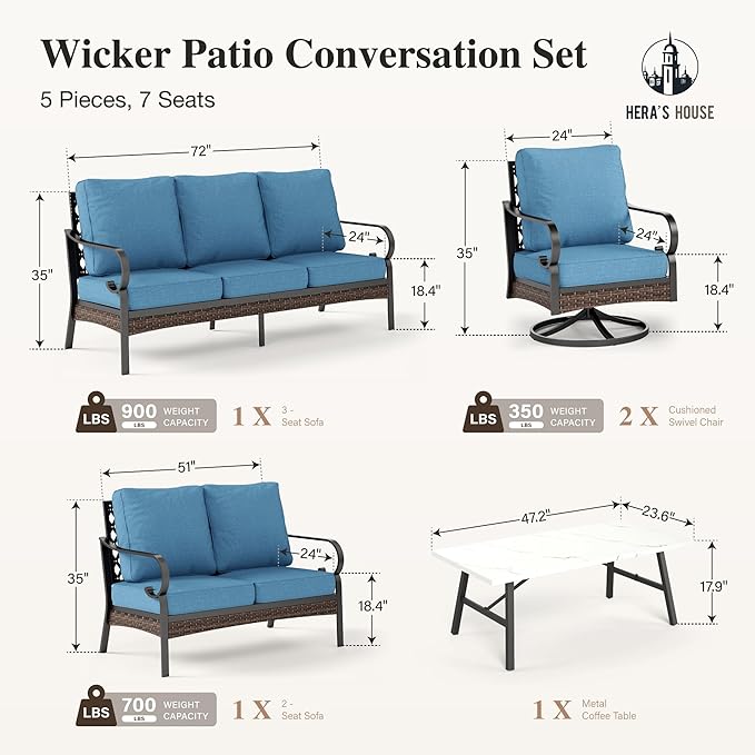HERA'S HOUSE 5 Piece Metal Patio Furniture Set, 7 Seats All Weather Outdoor Conversation Set, 3 Seat Sofa with Loveseat, 2 Swivel Chairs, Coffee Table for Backyard, Garden, Deck, Navy Blue