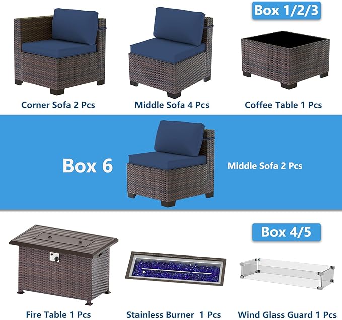 Outdoor Patio Furniture Set with Gas Fire Pit Table, 10 Pieces Outdoor Furniture Set Patio Sectional Sofa w/43in Propane Fire Pit, PE Wicker Rattan Patio Conversation Sets (Dark Blue)