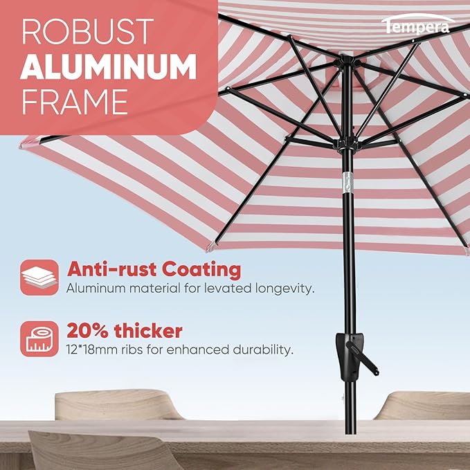 Tempera Patio Market Outdoor Table Umbrella with Push Button Tilt and Crank, Large Sun Umbrella with Sturdy Pole & Fade Resistant Canopy, Easy to Set