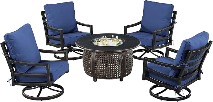 Oakland Living Black Aluminum Patio Fire Table Set with Four Club Chairs with Blue Cushions