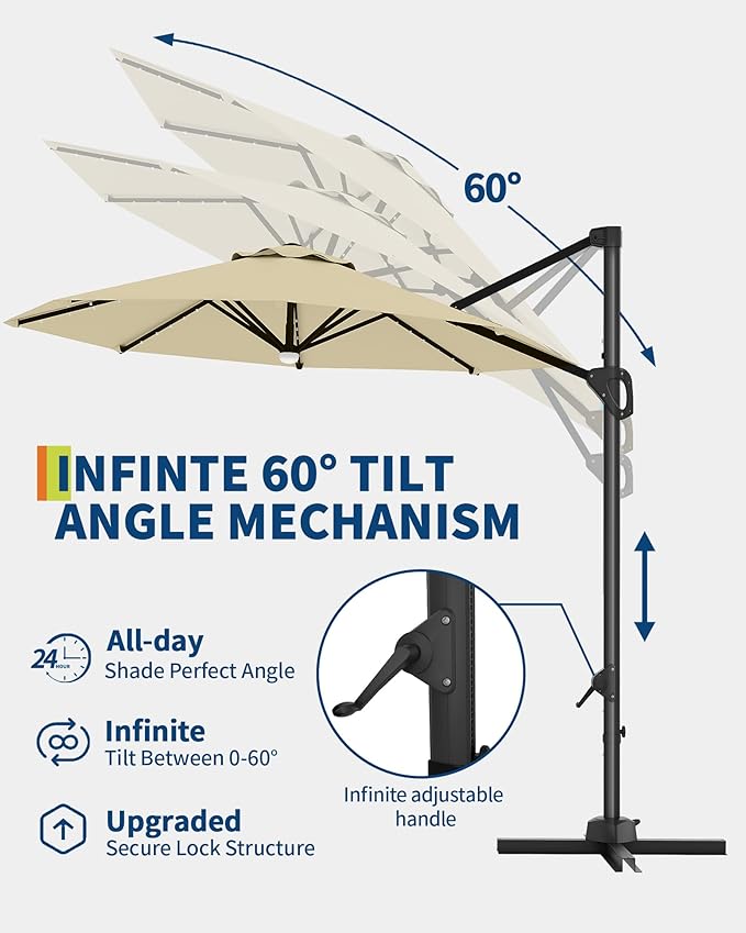 GarveeLife 10 ft Cantilever Umbrella Outdoor Patio Umbrella Solar LED w/Base Included Market Offset Umbrella Sun Shade Windproof with 360-Degree Rotation for Patio Garden Deck Pool, Beige