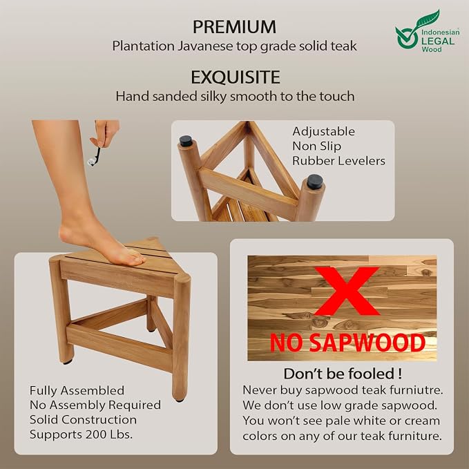 Asta Select Solid Teak Corner Shower/Bath/Outdoor Corner Foot Stool, Teak Wood Shaving Foot Rest, Teak Wood Shower Corner Table, Teak Accent Table, ST-50
