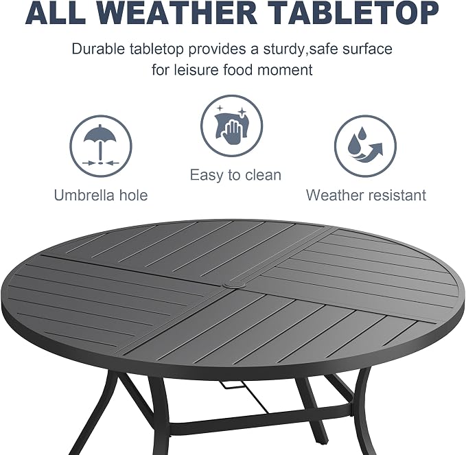 VICLLAX Patio 7 Pieces Outdoor Dining Set, 53" Round Metal Table with Umbrella Hole and 6 Swivel Textilene Chairs for Lawn, Garden, Porch, Black/Dark Grey